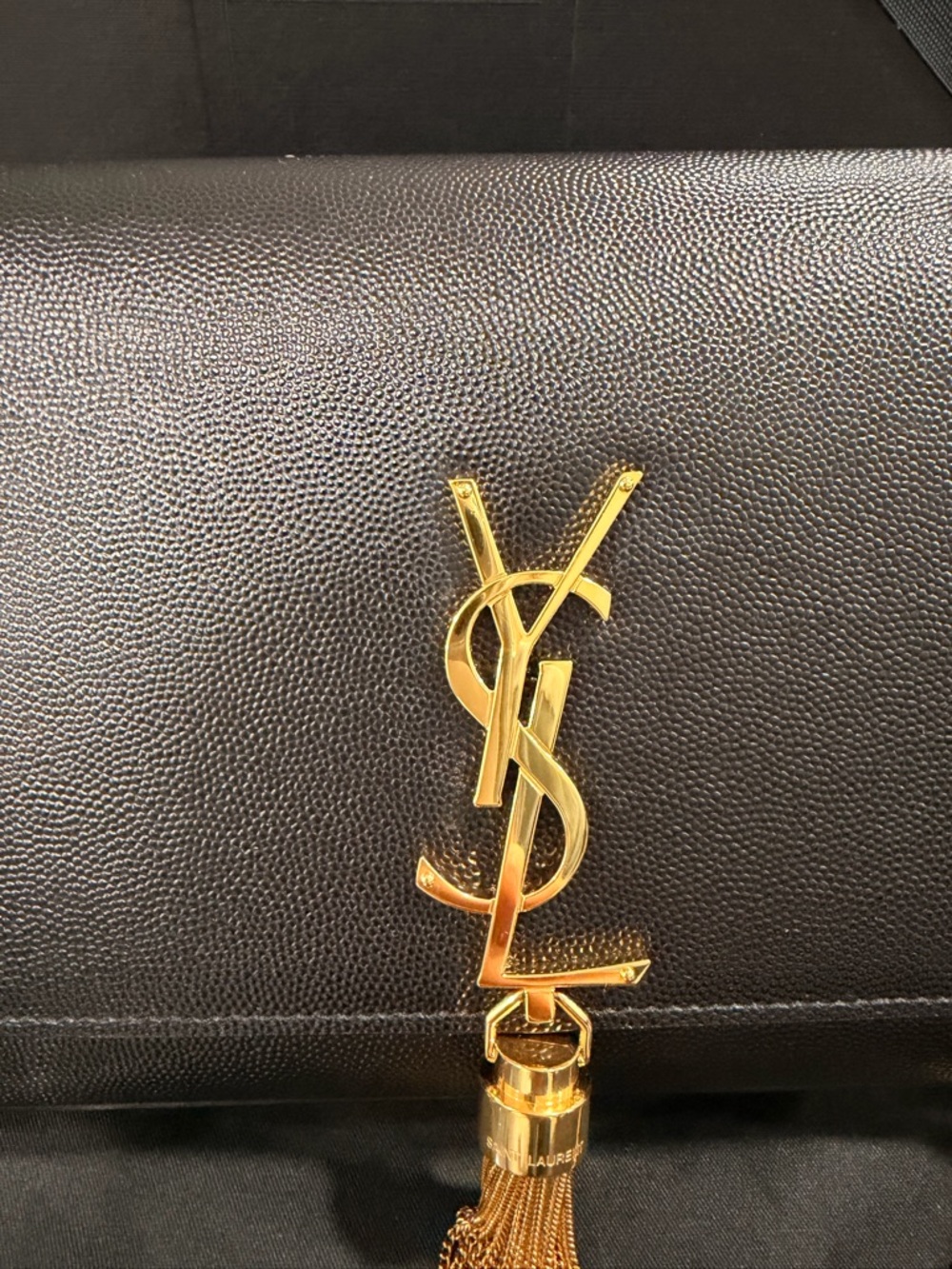 Saint Laurent Black Leather Monogram Crossbody with Gold Tassel Chain - Picture 2 of 8